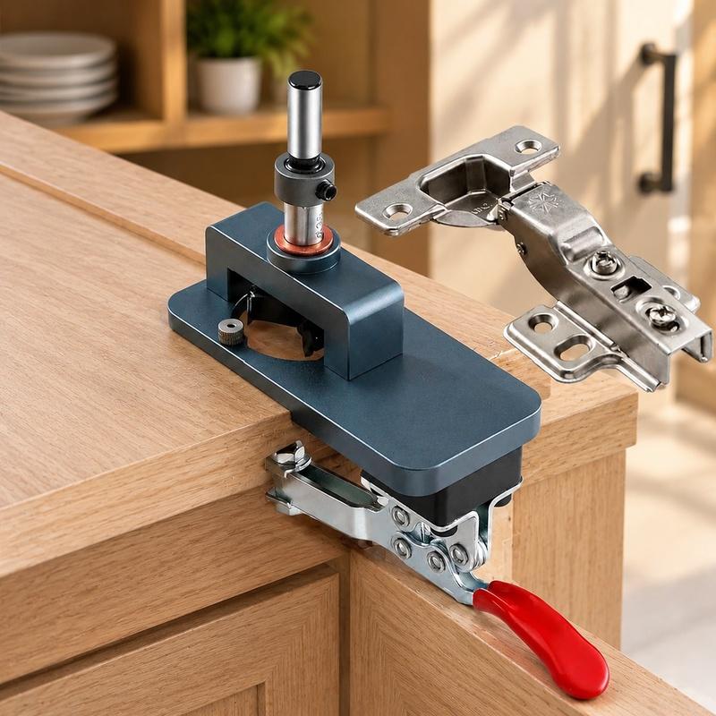 Precision Drill Guide Clamp for 35mm Furniture Hinges with Hardened Steel and Adjustable Edge Positioning