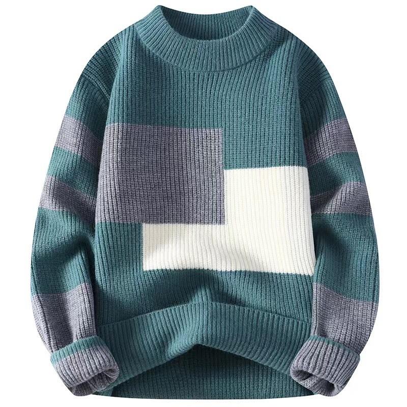 Classic Crew Neck Sweater Color Block Design Pullover For Men