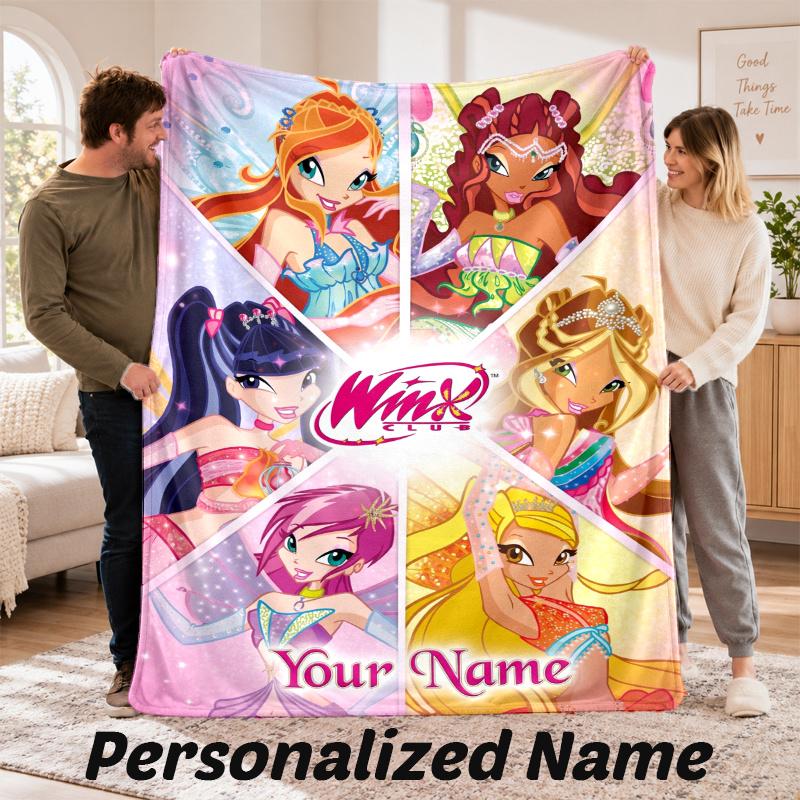 Custom Name Winx Club Flannel Throw Blanket Personalized Text Soft Blanket Bed Sofa Gift