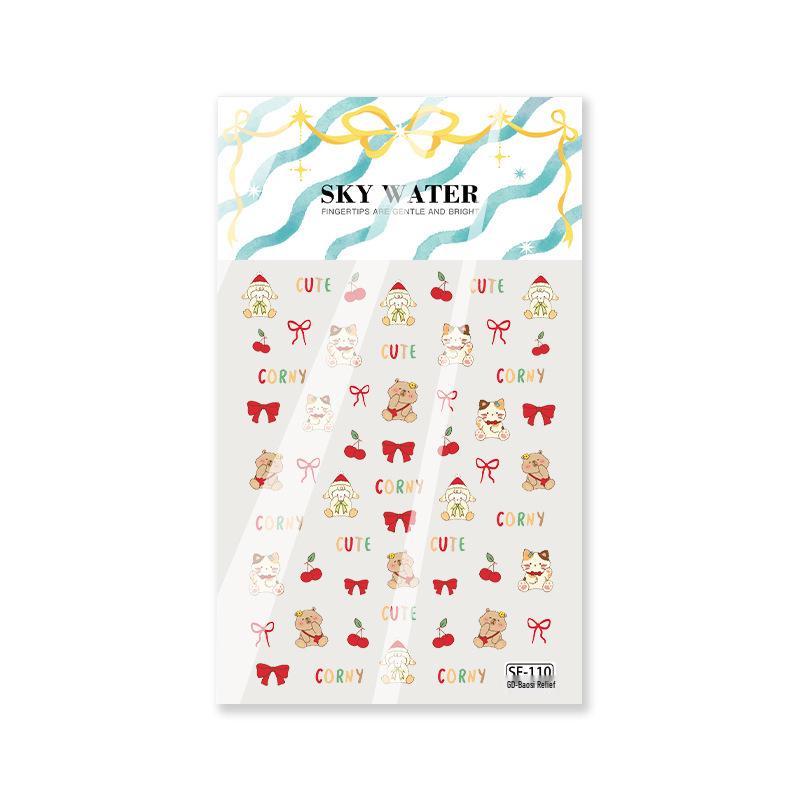 Sky Christmas Red Bow Cat Nail Art Stickers - 3D Embossed Cute Cartoon Design No specification