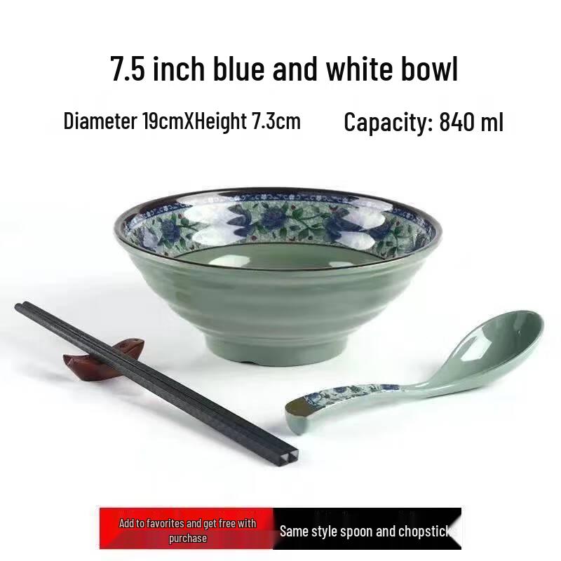 Jijun Chinese Style Melamine Blue & White Floral Ribbed Bowls