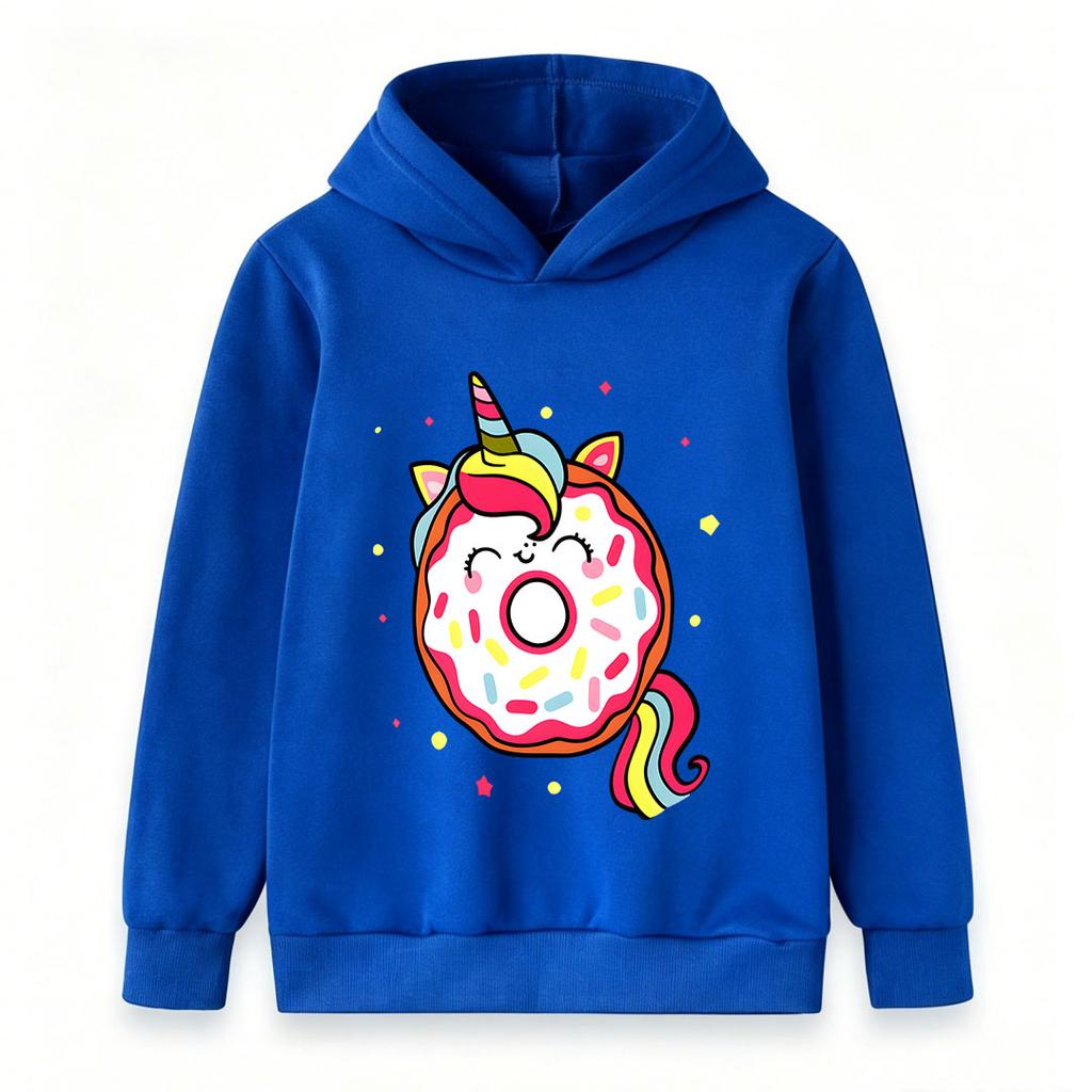 Kids Boys Girls Cute Unicorn Donut Print Pullover Hoodie Casual Long Sleeve Sweatshirt with Rainbow Sprinkles Cartoon Design for Children Daily Wear P