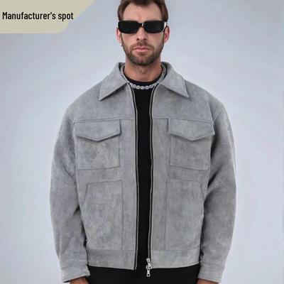 European and American High-Street Style Men's Deerskin Velvet Jacket with Double-Headed Zipper and Large Pockets