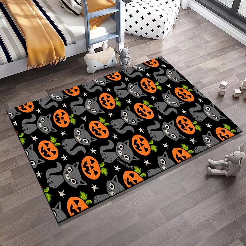Halloween Black Cat and Pumpkin Pattern Carpet with Stars On Black Background Suitable for Use As an Anti-slip for Room and Bedroom Sofas