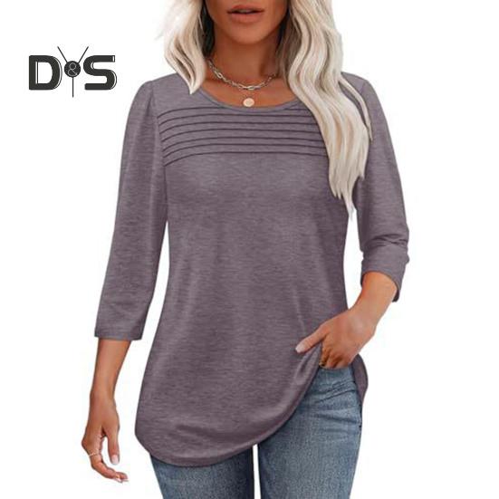 Damen-Oberteile, Rundhalsausschnitt, 3/4-Ärmel, plissierte Bluse, Frühling/Sommer, einfarbig, lockere Passform, lässiges T-Shirt für den Alltag