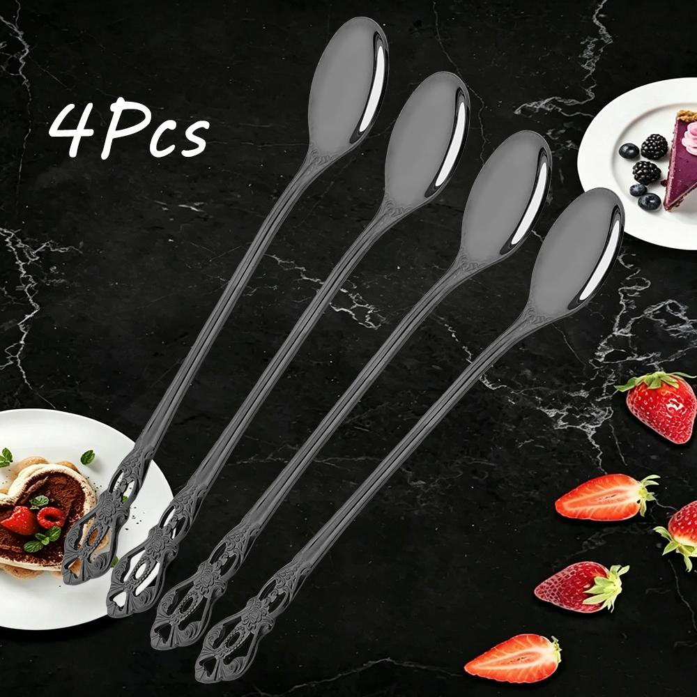 4Pcs Stainless Steel Long-Handled Ice Teaspoon Coffee Spoon Ice Cream Stirring Spoon Kitchen Accessories Tableware Set