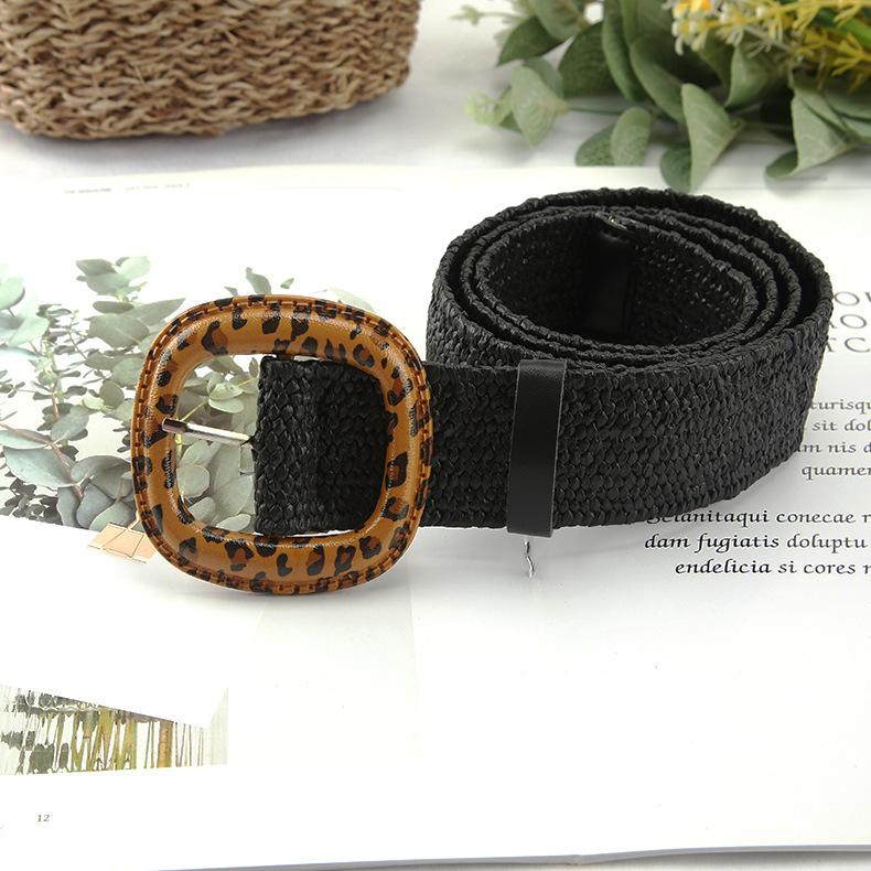 Pp Grass Woven Belt Women'S Retro Cotton And Linen Ethnic Style Dress Waist Seal Leopard Print Buckle Decorative Belt