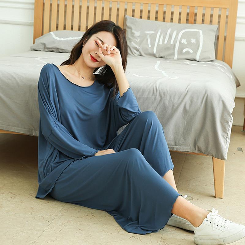 Home Suits Women Autumn New Loose Long-sleeved Pajamas Two-piece Set Nine-point Wide Leg Pants Pijama Sleepwear Femme