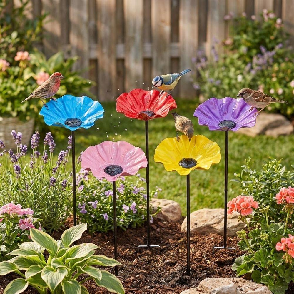 Handcrafted Garden Metal Flower Stake Sturdy Iron Bird Water Feeder Backyard