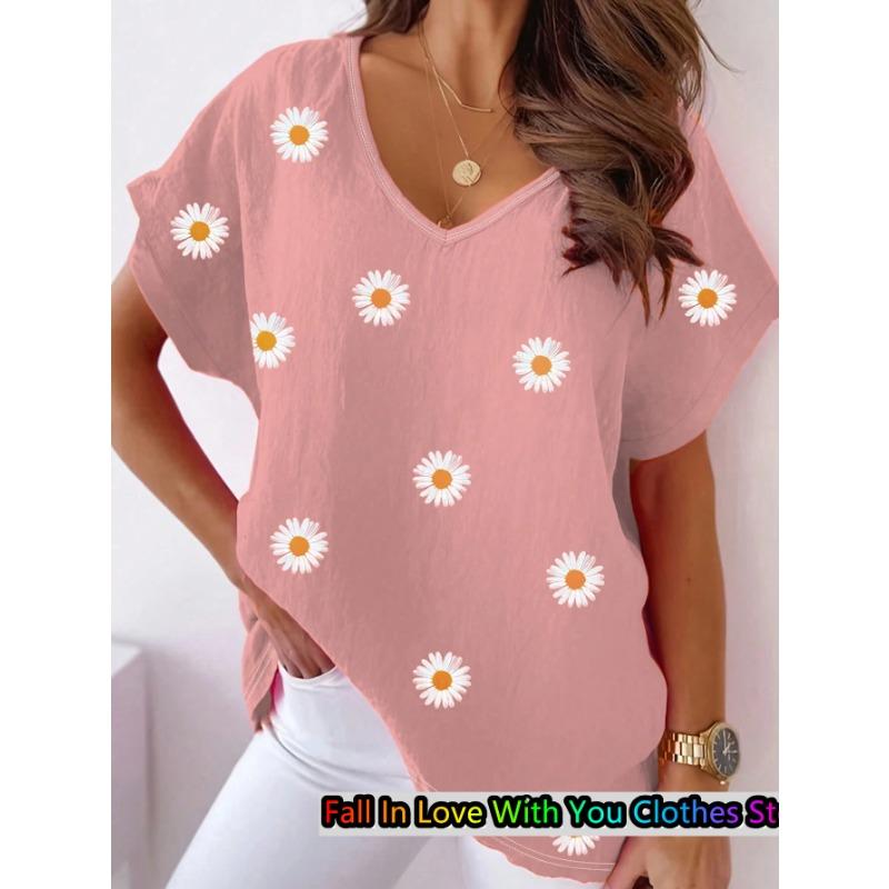 

Женская футболка с принтом «Daisy», повседневная футболка с V-образным вырезом и коротким рукавом, летняя модная повседневная свободная футболка большого размера, повседневная женская одежда 5XL