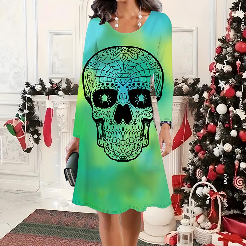 2025 Toamnă & Iarnă Femei Rochie Nouă Casual cu Gât Rotund Model 3D de Halloween Cadou Ideal de Halloween Crăciun