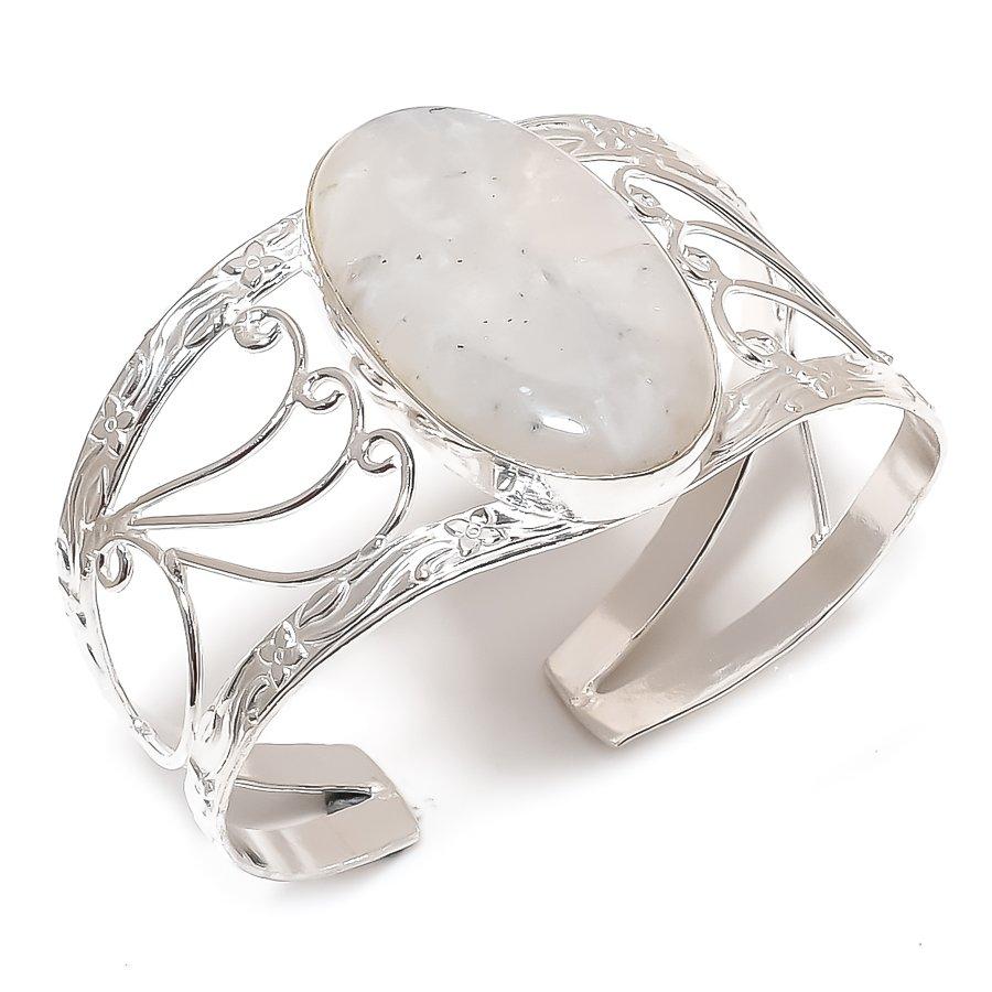 Natural Moonstone Gemstone 925 Sterling Silver Cuff Bangle Adjustable f6H49