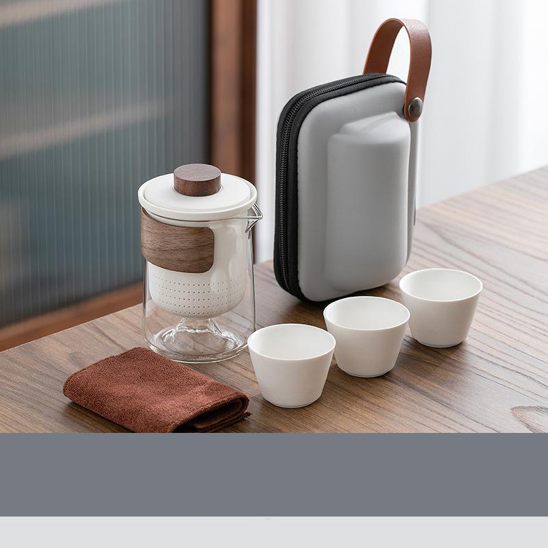 

4pcs Camping Cup Travel Tea Set Kung Fu Tea Set Glass 1 Pot 3 Ceramic Cup Outdoor Teapot Small Set Cup Set белый