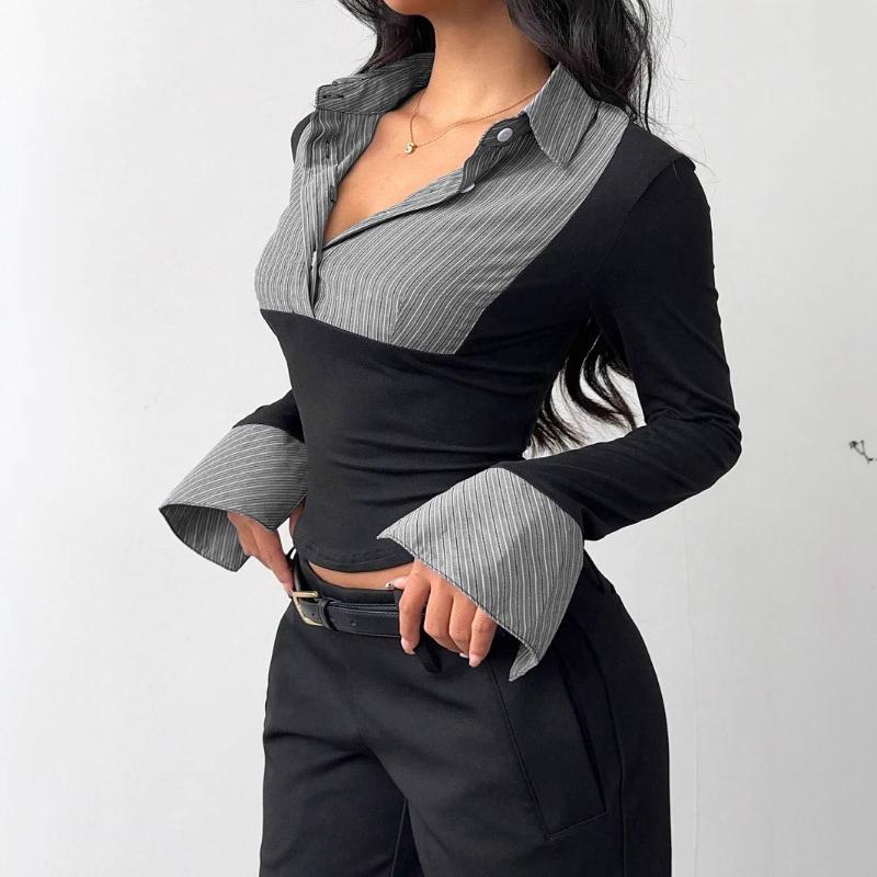 

Women s New Fashion Sexy Contrast Color Knitted Striped T-Shirt Long Sleeve Top S чёрный