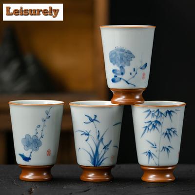 40ml Pure Handmade Ru Kiln Ceramic Teacup Hand Painted Plum Orchid Tasting Cup Open Piece Master Mug Chazhan Cha Kung Fu Teaware