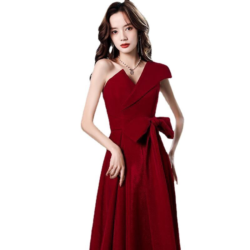 Toast Dress Bridal Burgundy Summer One-shoulder Style Long Dress Order Wedding Return Thank You Dinner Dress Dress