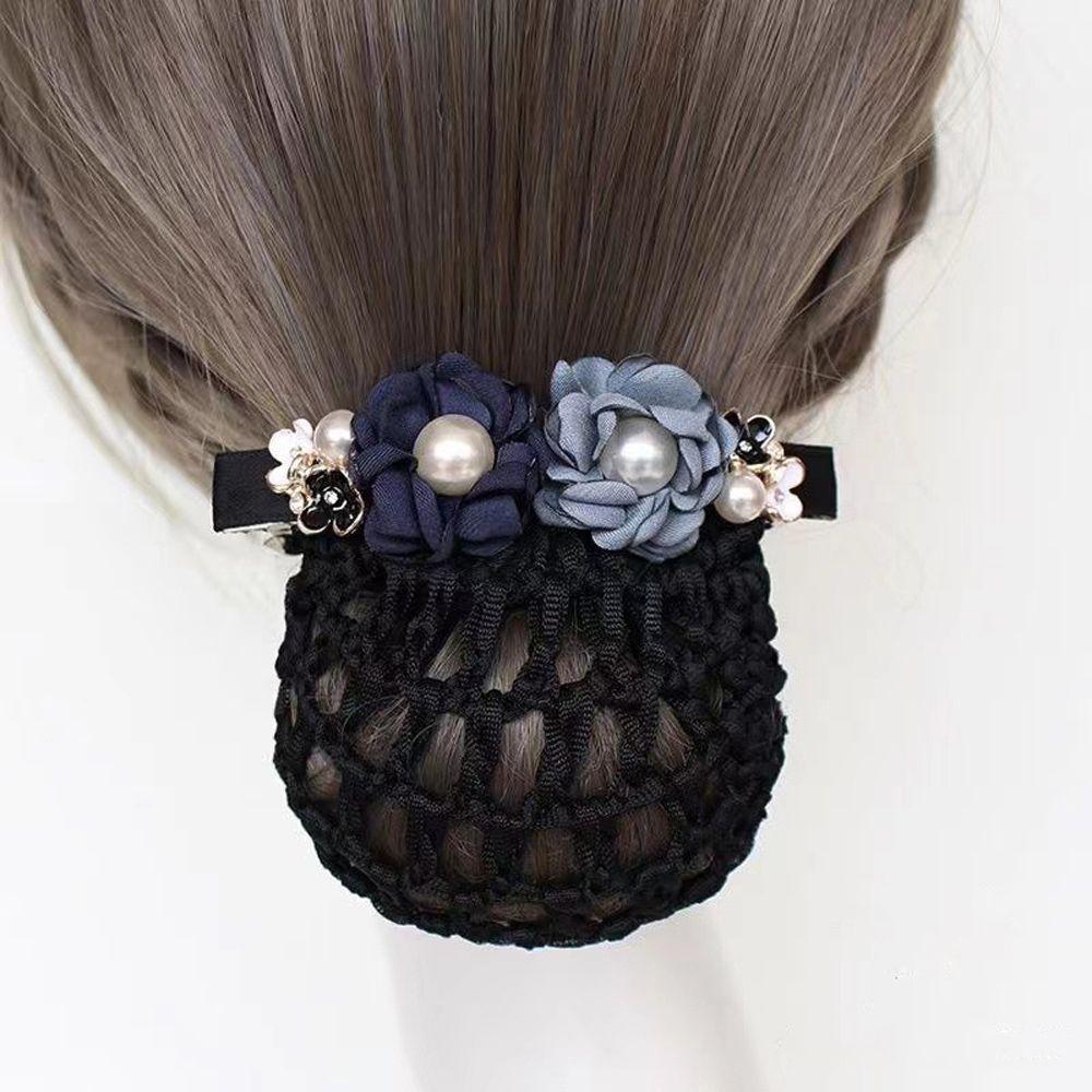 Pearl for Stewardess Nurse Flower Hairnet Women Spring Clip Mesh Snood Korean Style Headwear