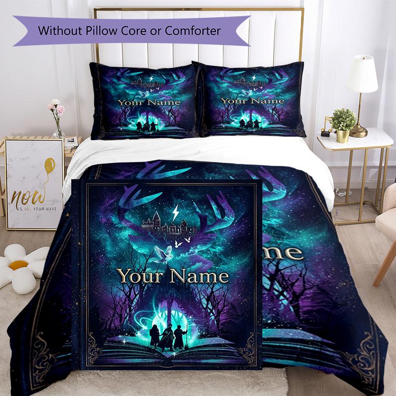 3pcs Custom Name Magic Forest Printed Bedding Set Duvet Cover Closure Includes 1 Duvet Cover & 2 Pillowcases, Soft and Comfortable for All Seasons.