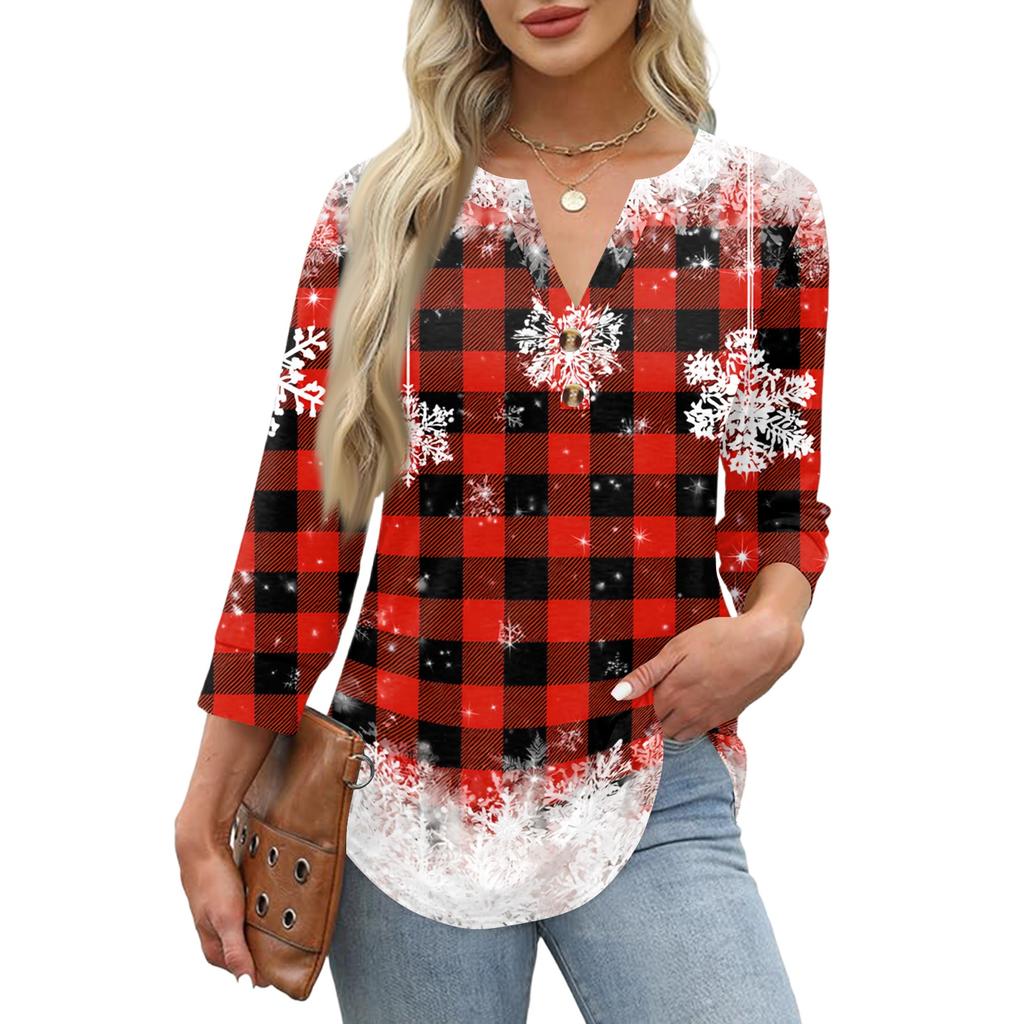Women's Christmas Print Neck Three Quarter Sleeve T-Shirt Casual Holiday Top