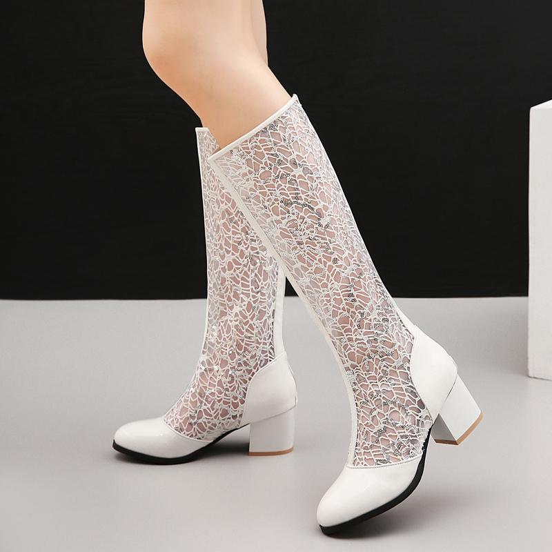 Spring Summer Women Boots Fashion Knee High Boot Zipper Casual Low Heels Mesh Breathable White Blue Ladies Party Shoes Big Size