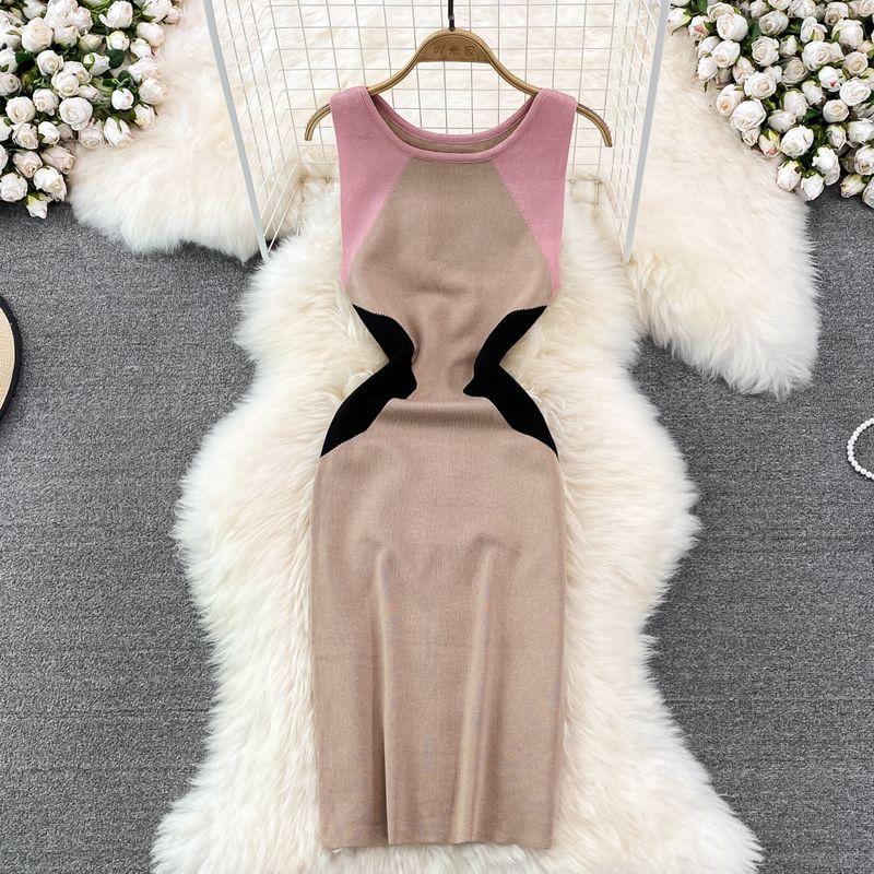 K-style Chic Contrast Color round Neck Vest Dress Summer New Arrival Fashion Slim Fit Slimming Sleeveless Knitting Sheath Dress