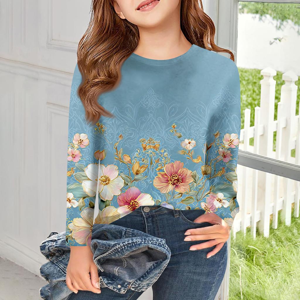 Girls Long Sleeve T Shirts Kids Fall Tops Crewneck Printed Basic Tees