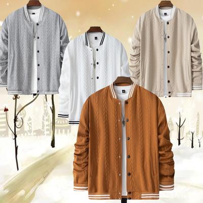 Fall Winter Men Baseball Uniform Knitted Heavy Jacquard Stripes Stand Collar Casual Drop Shoulder Breasted Sports Jacket