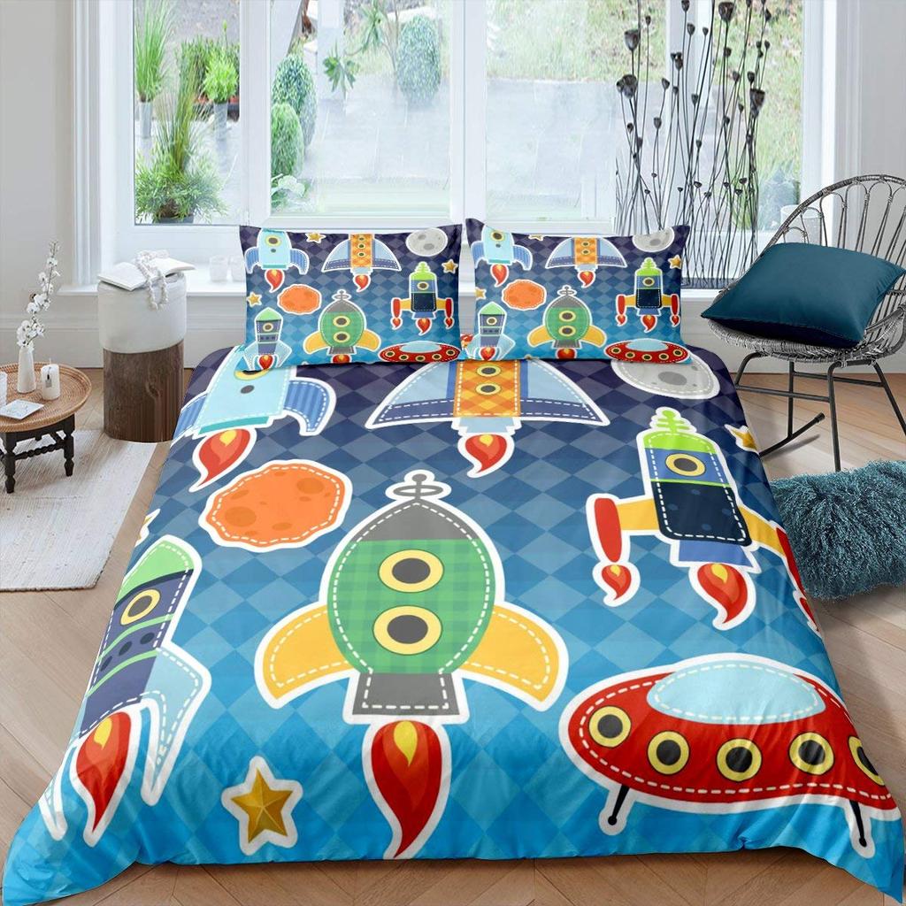 For Kids Boys Girls Bedroom Decor - Rocket Astronaut Space Theme Duvet Cover Set King Queen Full Size Polyester Comforter Cover