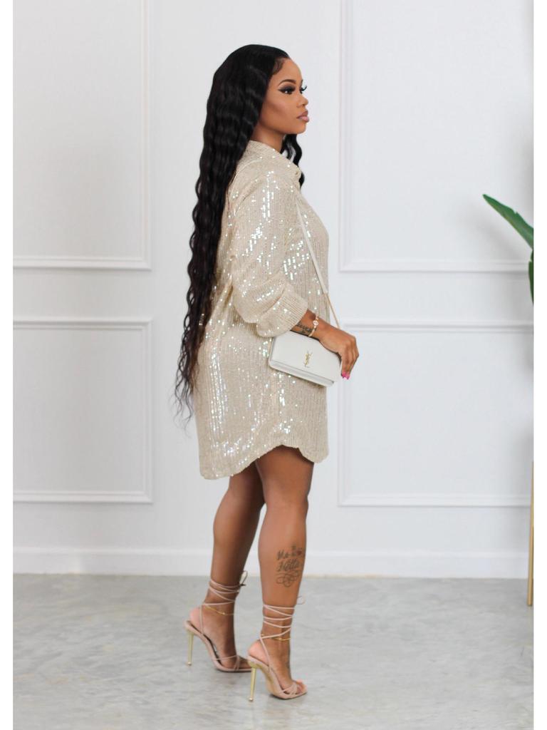 European and American Women's Solid Color Sequin Loose Shirt Dress