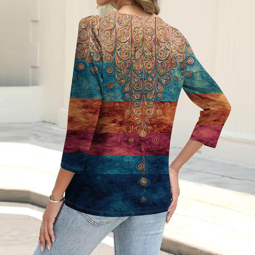 Women's Fashion Casual Printing Button-down Shirt 3/4 Long Sleeve Tops