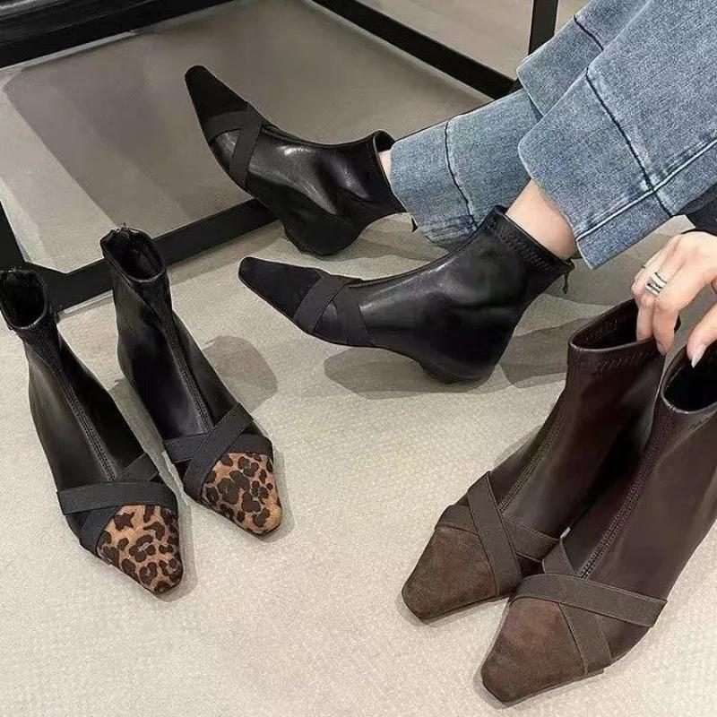 Fashion Leopard Print Women's Suede Warm Snow Ankle Boots Winter  Pointed Toe Mid Heel Fashion Boots Sexy Chelsea Back Zipper High Heels