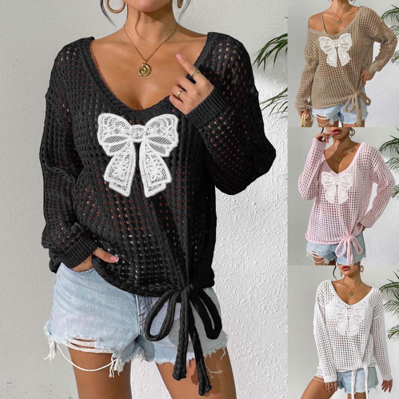 Women's Tops Hollow Blouse Long-sleeved Pullover Tie Butterfly Splicing Woolen Knitted Lazy Style Loose Sweater