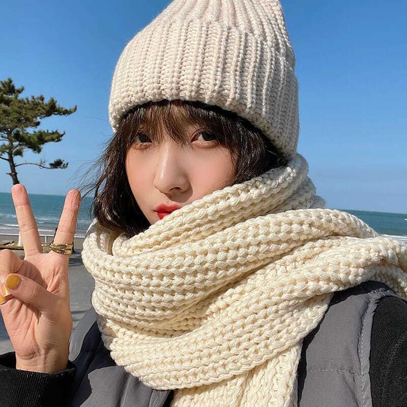 Chunky Knitted Women's Autumn Winter Scarf Korean Style Versatile Japanese Style Winter Warm Long Solid Color Handmade Wool Neck Warmer Men