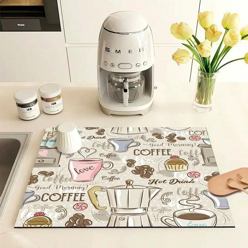 Creative Pattern Printed Coffee Machine Mat Desktop Drainage Pads Kitchen Countertop Quick Water Absorbing Utensil Drain Pad Washable Mats 1pcs