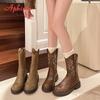 Fashion Aphixta Mid-Calf Modern Boots 3.5cm Square Heel Totem Design Back Zip Woman Shoes Round Toe Brown Big Size 42 Western Boot