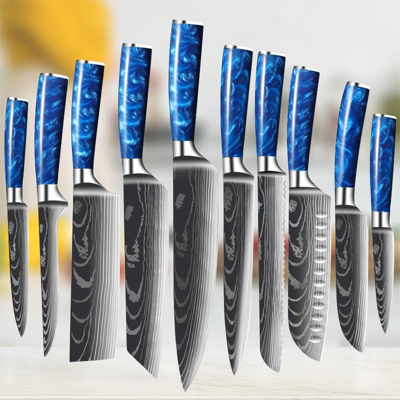 Nóż szefa kuchni ze stali nierdzewnej z uchwytem z niebieskiej żywicy, do krojenia mięsa, owoców, wielofunkcyjny nóż kuchenny do odkostniania, 10 zestawów noży