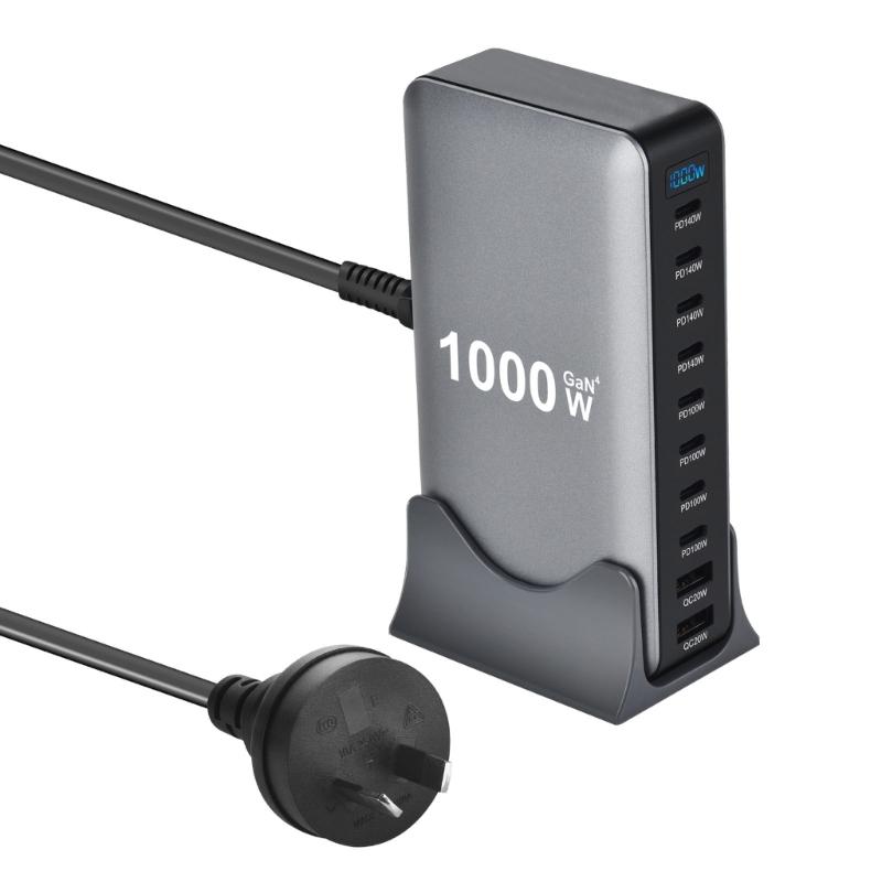 1000W Gans PD Fast Charger 10Port Fast Charging Station ABS Materials MultiDevice Power Adapter Durability Design