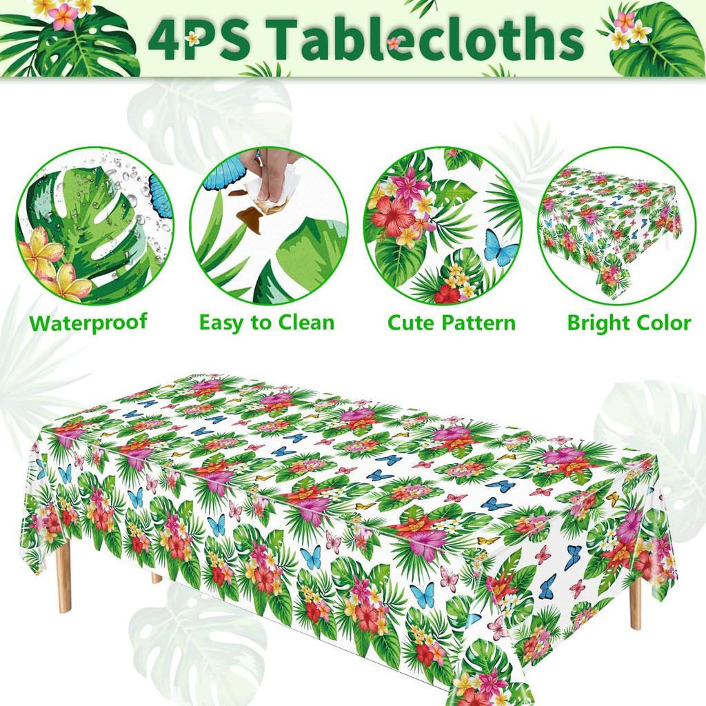 4 Pack Tropical Flower Tablecloth Hawaiian Luau Tablecloths Floral Butterfly Table Cloth Summer Beach Pool Kids Birthday Table Cover Supplies 51 X