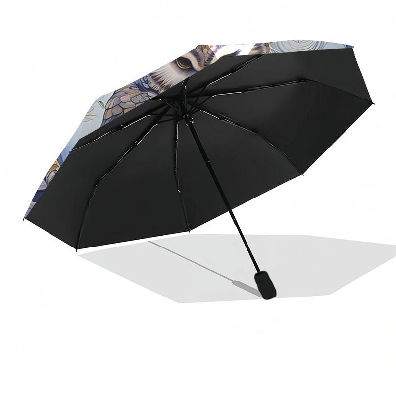 1 Stück Sternennacht Eule Automatisches Aufklapp-Regenschirm - 3-fach Design, 8-Speichen Eisenrahmen, Outdoor, Festliches Geschenk für Fans, Reisende, Tägliche Nutzung.SS058