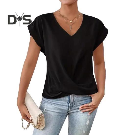 Dámské topy s výstřihem do V, s krátkým rukávem, s mačkaným designem, tričko jednobarevné, volného střihu, s křížovým plisováním, pro každodenní nošení