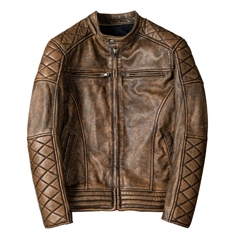 Mens Genuine Leather Jacket Slim Fit Stand Collar Vintage Biker Jacket Riding Coat