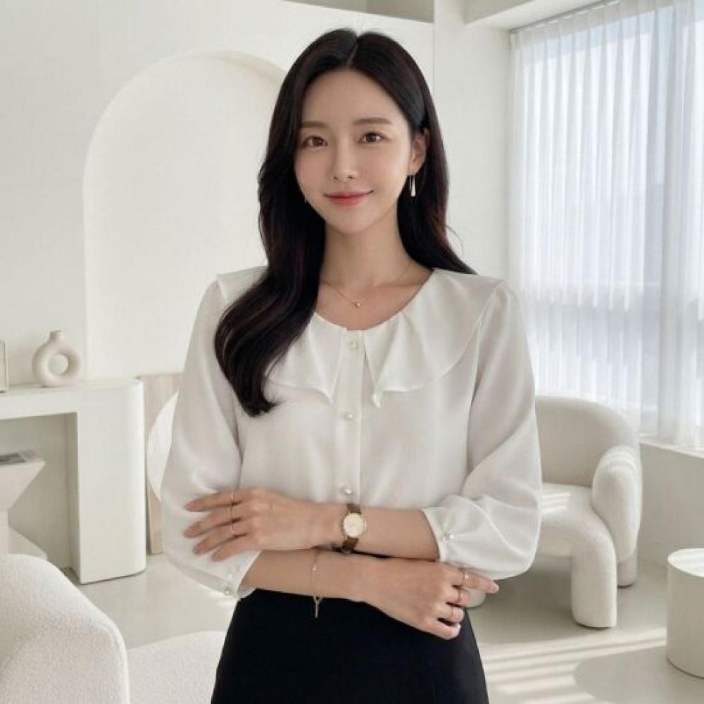 Style Latte Round Neck Pearl Button Ruffle Chiffon Blouse