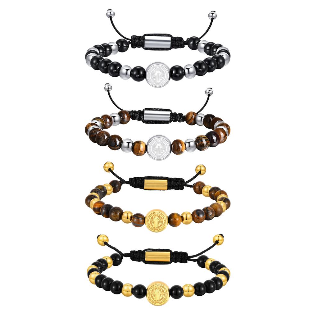 Tigerauge-Achat Naturstein Handgefertigtes Perlenarmband für Herren, Edelstahl Heiliger Benediktus Armband, Religiöser Gebetsschmuck