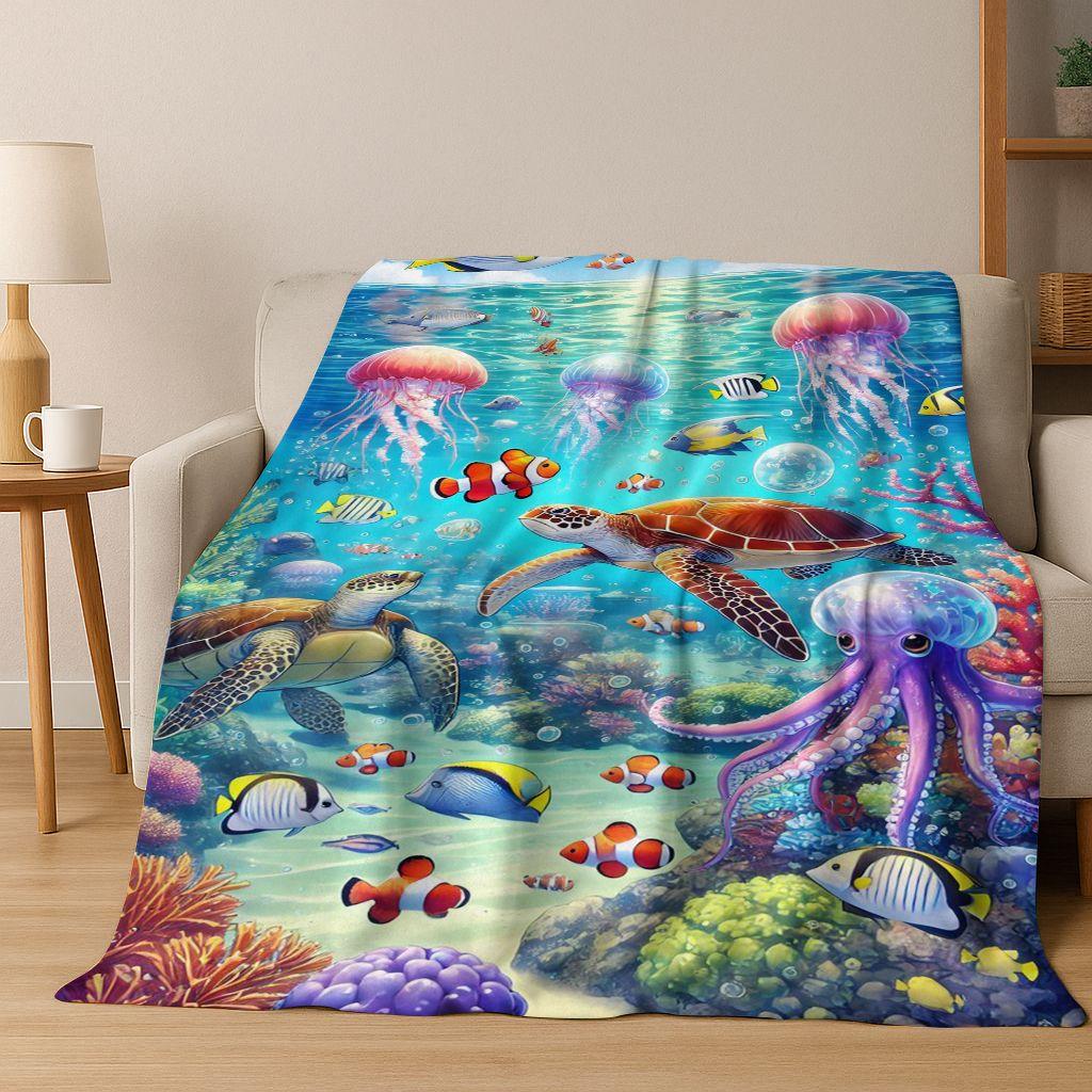Dream Underwater World Sea Dolphin Turtle Coral Art Flannel Blanket,Cozy Soft Throw Blanket for Home Bedroom Bed Sofa Gift Kids