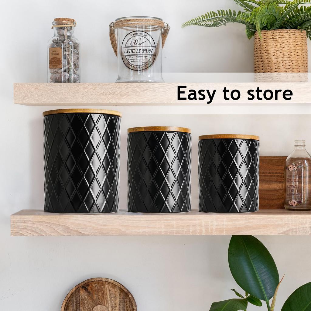 MIAMIO Kitchen Canister Set of 3 Ceramic Canisters with Wooden Airtight Perfect for – Lid, Coffee, Tea, Sugar, Flour, Salt, Etc. (Black)