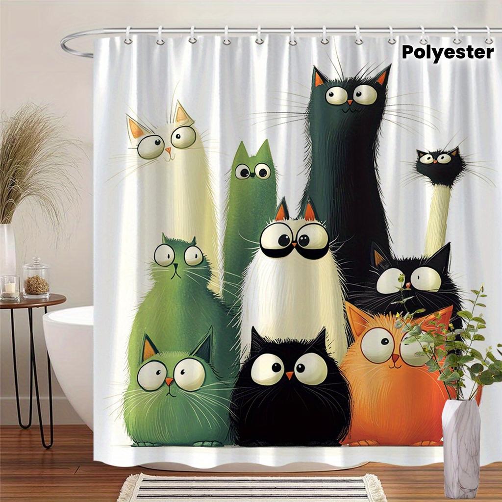 Funny Cartoon Cats Shower Curtain Waterproof Moisture Proof Privacy Protection Print Colorful Cat Family Design Cute Animal Art