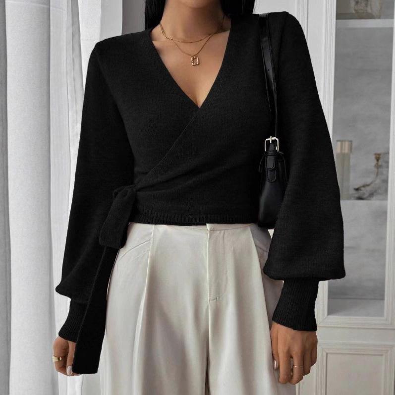 Women's V Neck Cross Front Belted Long Sleeve Knit Sweater Casual Pullover