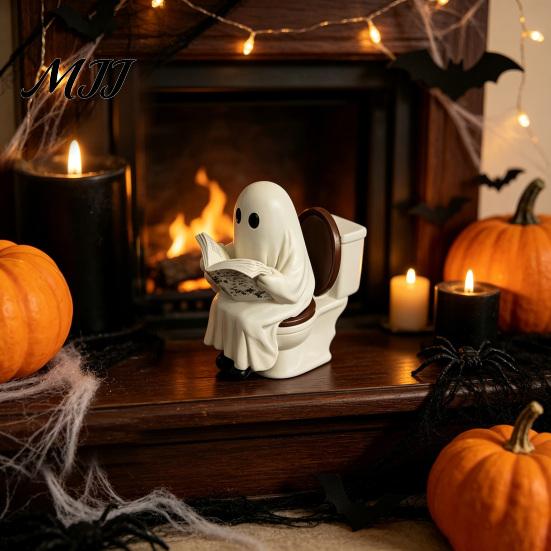 Ghost Reading on Toilet Cute Halloween Figurine, Resin Statue, Spooky Table Decor Funny Ornament for Tiered Tray Tabletop Mantel Gift
