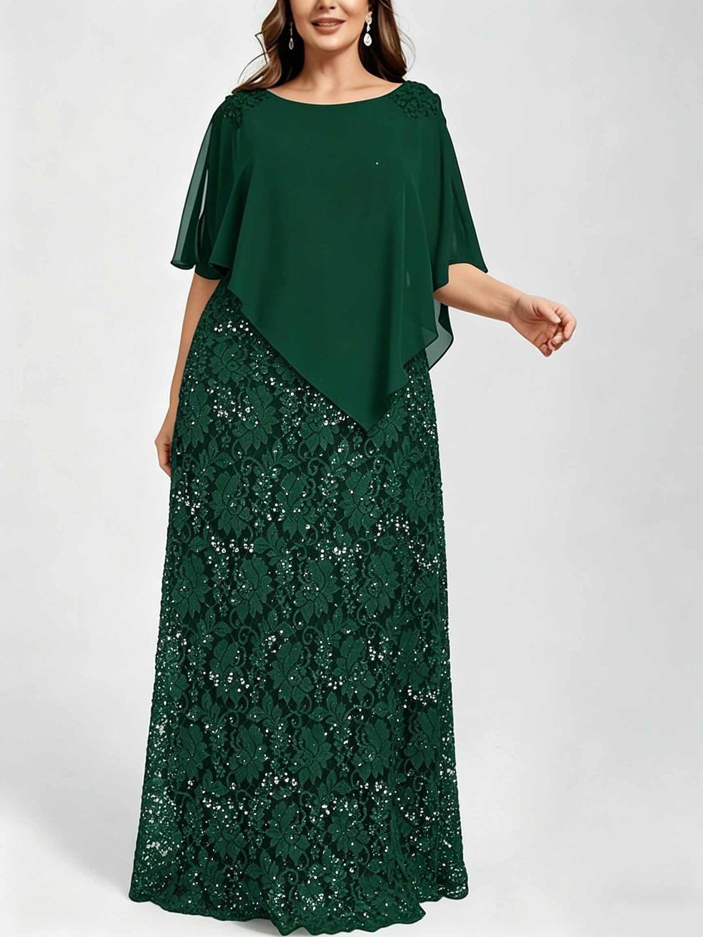 2026 Große Größen Damen Spitzen-Abendkleid mit Chiffonschal - Schlankes Partykleid M dunkelgrüne