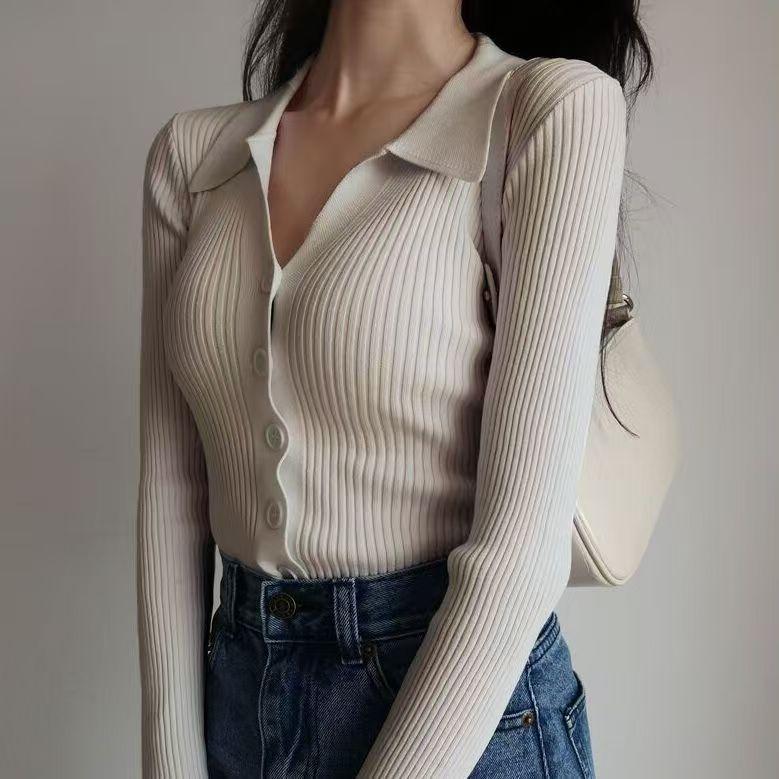 POLO Neck Pullovers Sweaters Women Spring Autumn Primer Shirt Long Sleeve Short Turn-Down Collar Hollow Buttons Knitted Tops Solid One Size